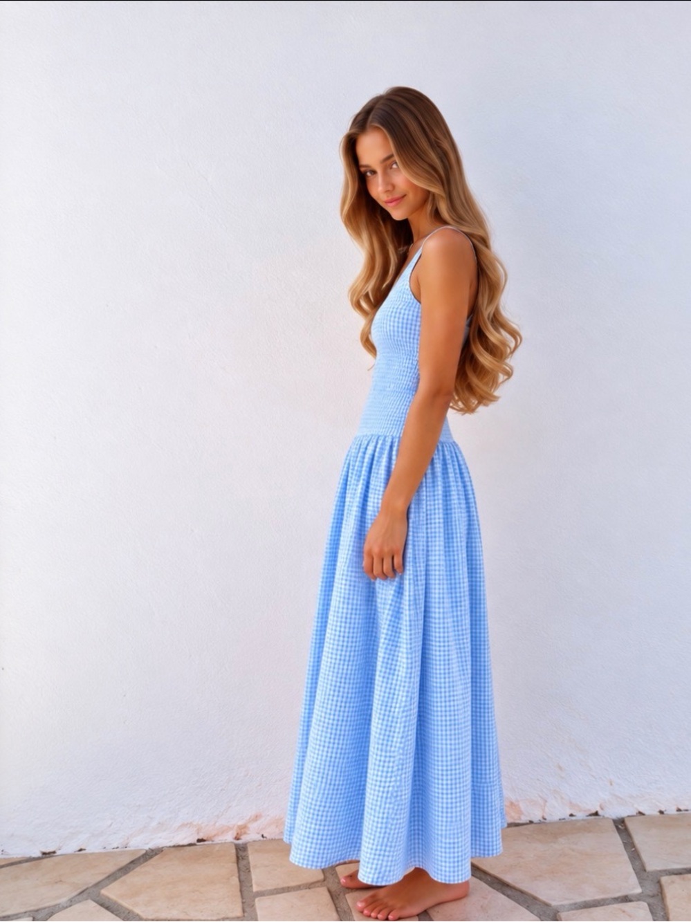 Zara Blue Gingham Sleeveless MIDI Dress SMOCKED BODICE SZ XS VERY STRETCHY COMFY